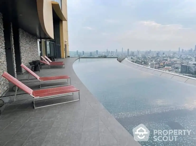 Luxurious rooftop infinity pool with panoramic city skyline view, featuring stylish loungers for an exclusive urban retreat.