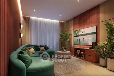 Luxurious modern living room with stylish green sofa and large TV, perfect for relaxation.