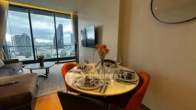 Luxurious living room with city view, elegant dining setup, and modern decor in high-rise apartment.