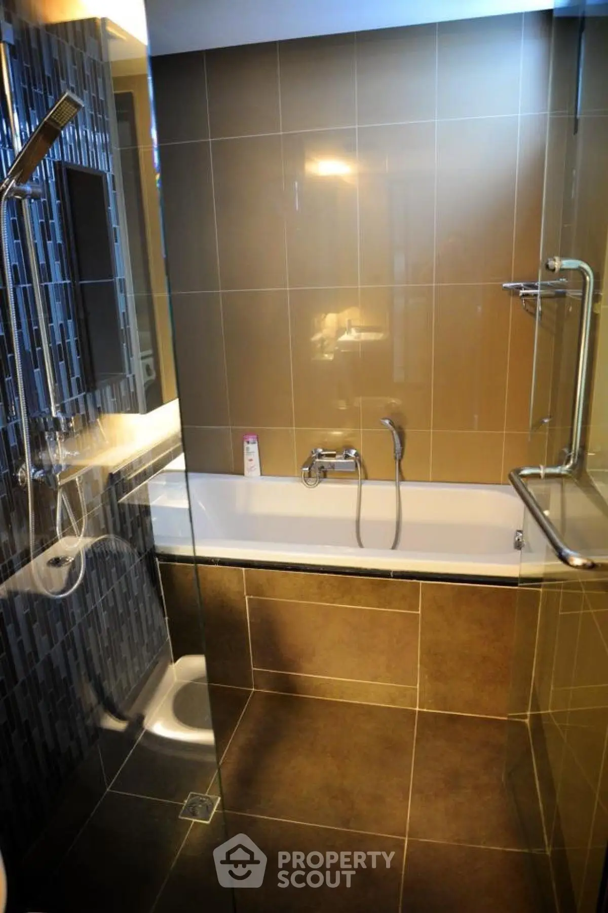 Modern bathroom with sleek design and bathtub in luxury apartment