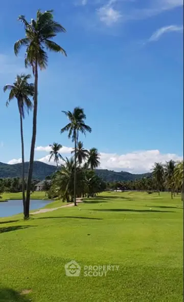 Scenic golf course view with lush greenery and palm trees under a clear blue sky.