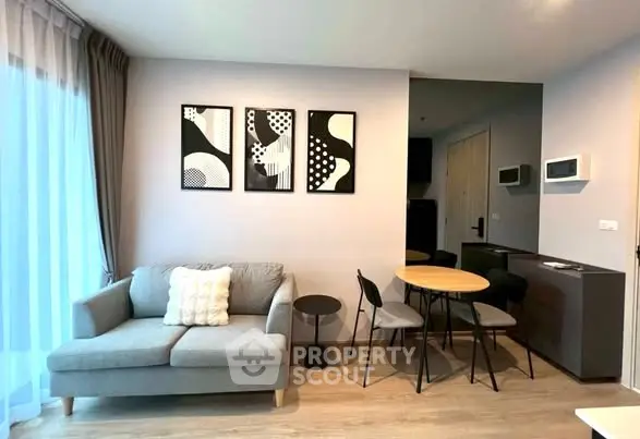 Modern living room with stylish decor and cozy seating area