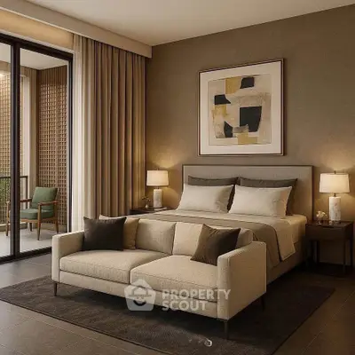 Luxurious bedroom with elegant decor and private balcony access, featuring modern furniture and ambient lighting.