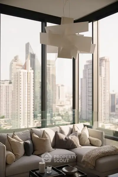 Luxurious living room with panoramic city view and modern decor