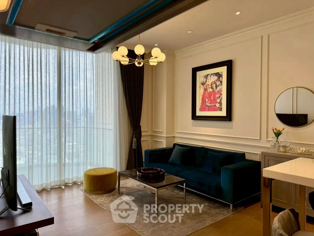 Elegant living room with modern decor and large window view