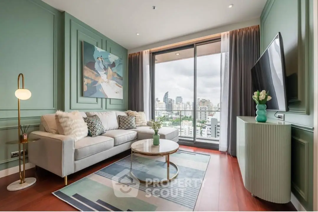 Stylish living room with city view, modern decor, and cozy seating area.