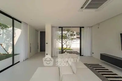 Spacious modern living room with large windows and minimalist decor