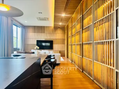 Luxurious modern living room with wooden accents and ambient lighting