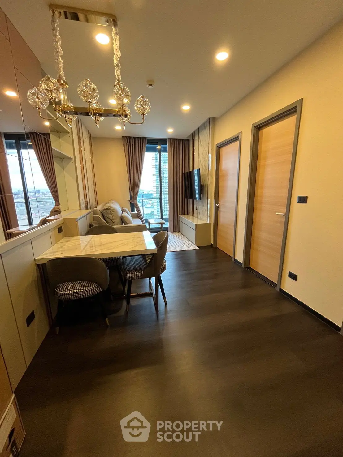 Luxurious modern living room with elegant lighting and spacious design