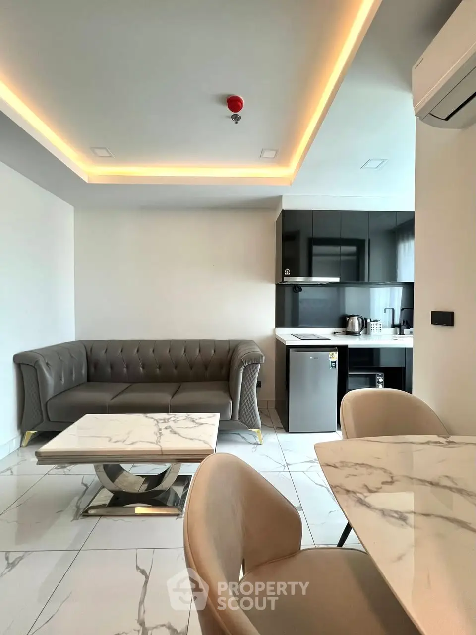 Modern living room with sleek furniture and stylish kitchen area