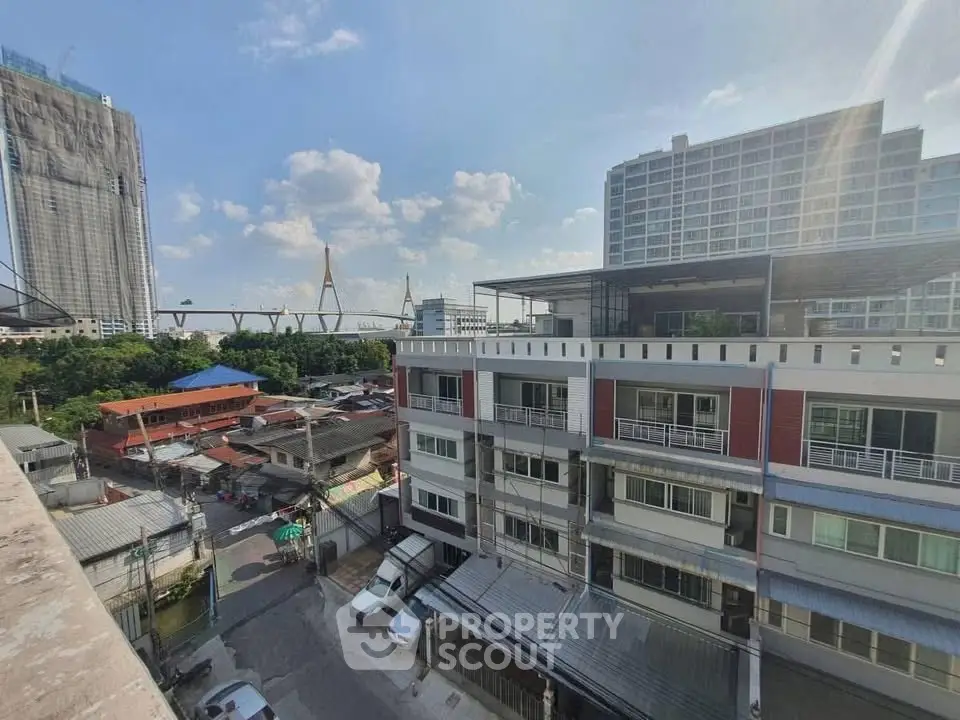 Stunning urban view from high-rise balcony overlooking cityscape and modern architecture.