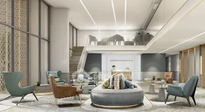 Luxurious modern living room with mezzanine and stylish furniture