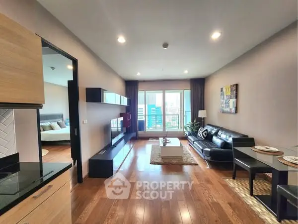 Spacious modern living room with city view and elegant decor