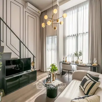 Luxurious modern living room with high ceilings and elegant decor