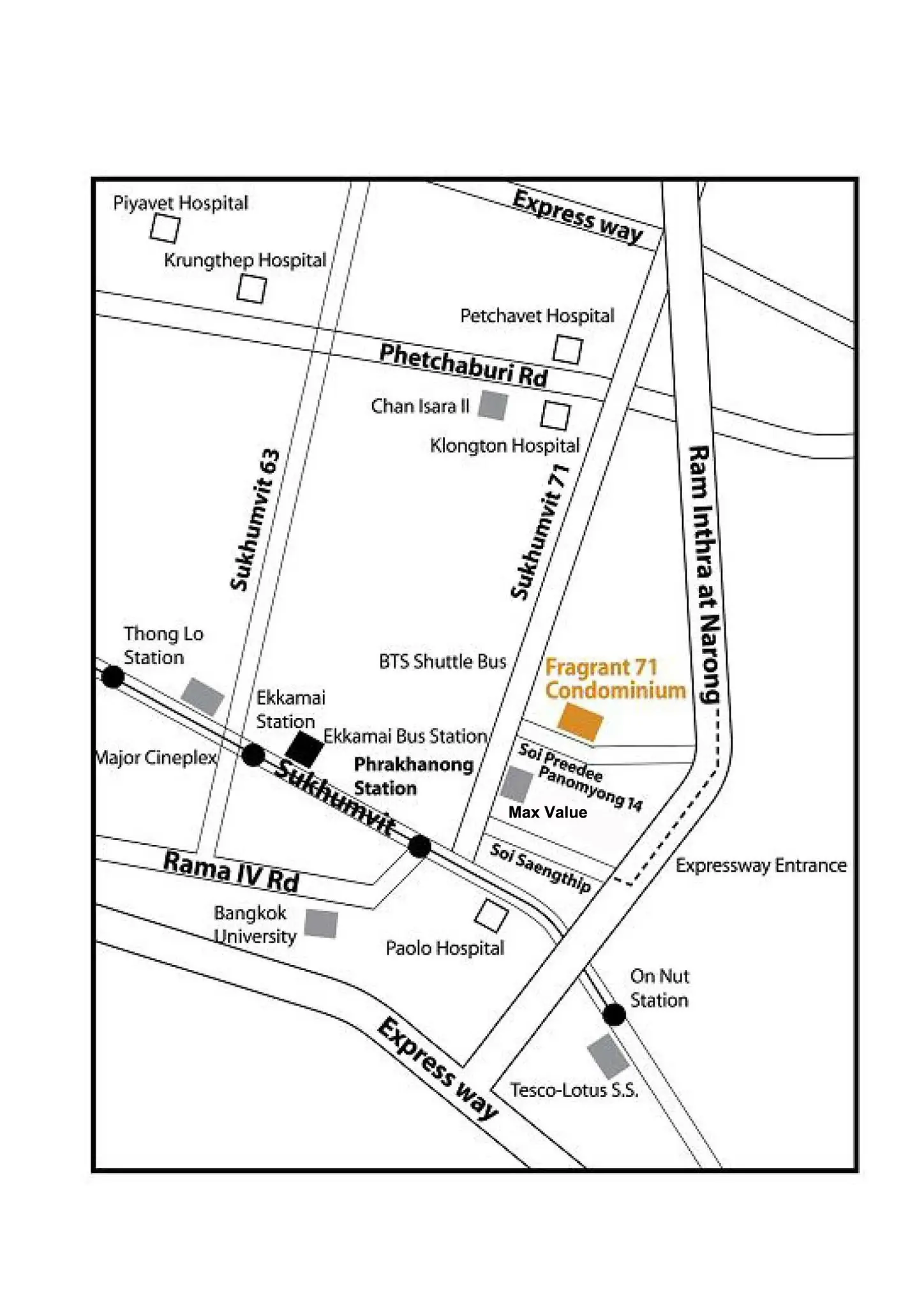 Map showing location of Fragrant 71 Condominium near major Bangkok landmarks and expressways.