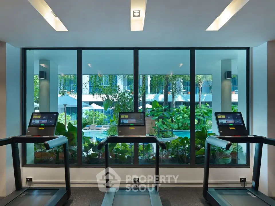 Modern gym with treadmills overlooking lush garden and pool area.