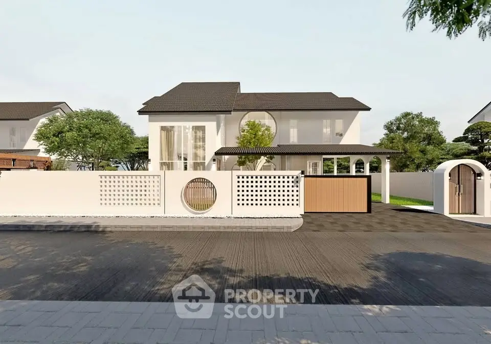 Elegant modern house exterior with unique circular window and stylish gate, surrounded by lush greenery.