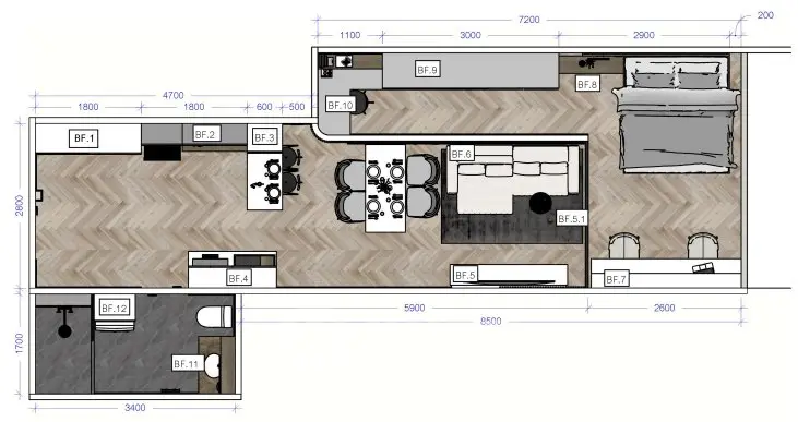 Modern apartment floor plan with spacious layout and stylish design