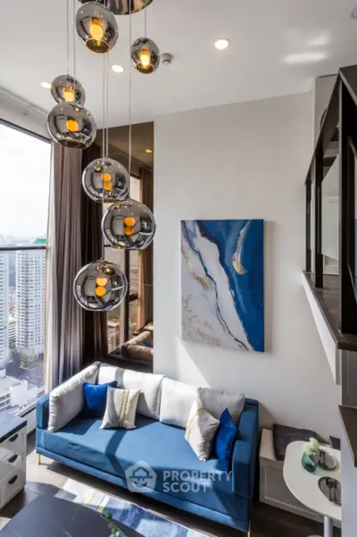 Luxurious modern living room with stylish lighting and city view