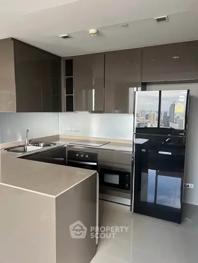 Modern kitchen with sleek cabinetry and city view from window