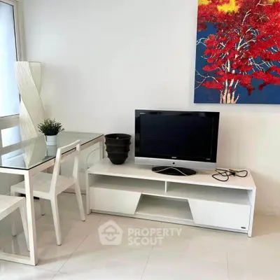 Modern living room with stylish furniture and vibrant artwork