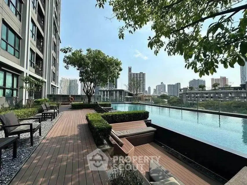 Luxurious rooftop pool with city skyline view and modern seating area.