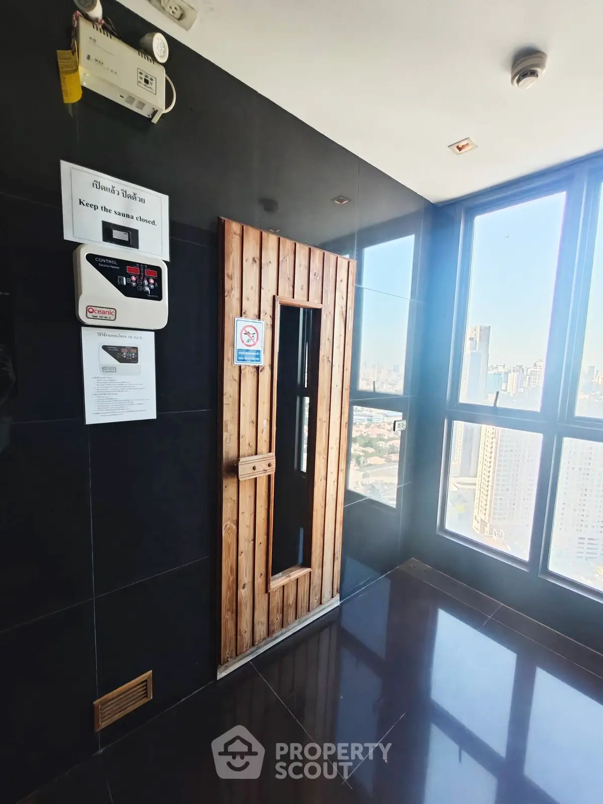 Luxurious high-rise building with sauna and stunning city view