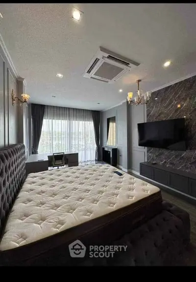 Luxurious bedroom with plush bed, modern decor, and large window view