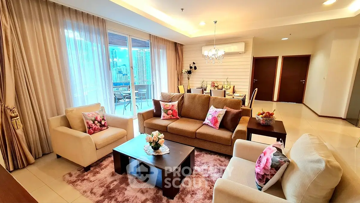 Luxurious living room with elegant decor and city view balcony