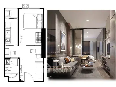 Modern living room with city view and floor plan layout