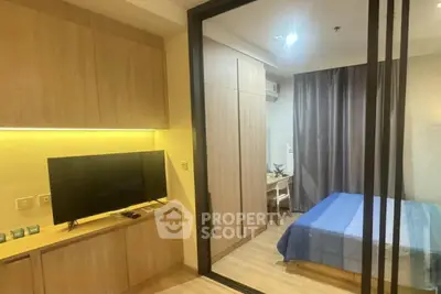Modern bedroom with sliding glass doors and cozy wooden furnishings