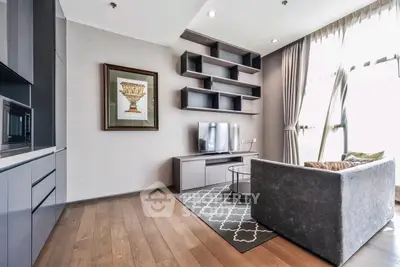 Modern living room with stylish shelving and large windows