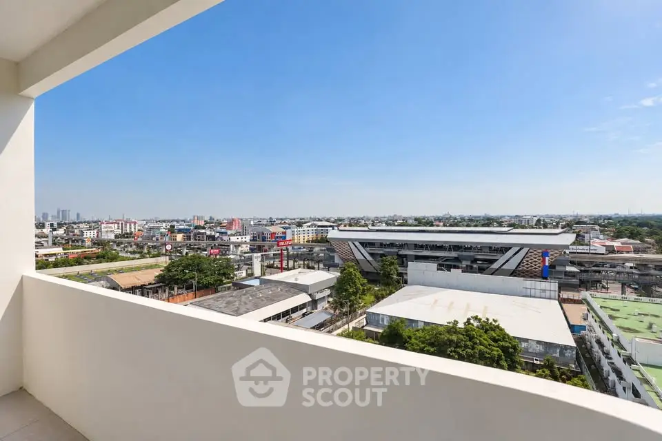 Stunning cityscape view from a modern balcony, showcasing urban skyline and clear blue skies.
