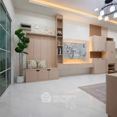 Modern living room with elegant built-in storage and stylish decor