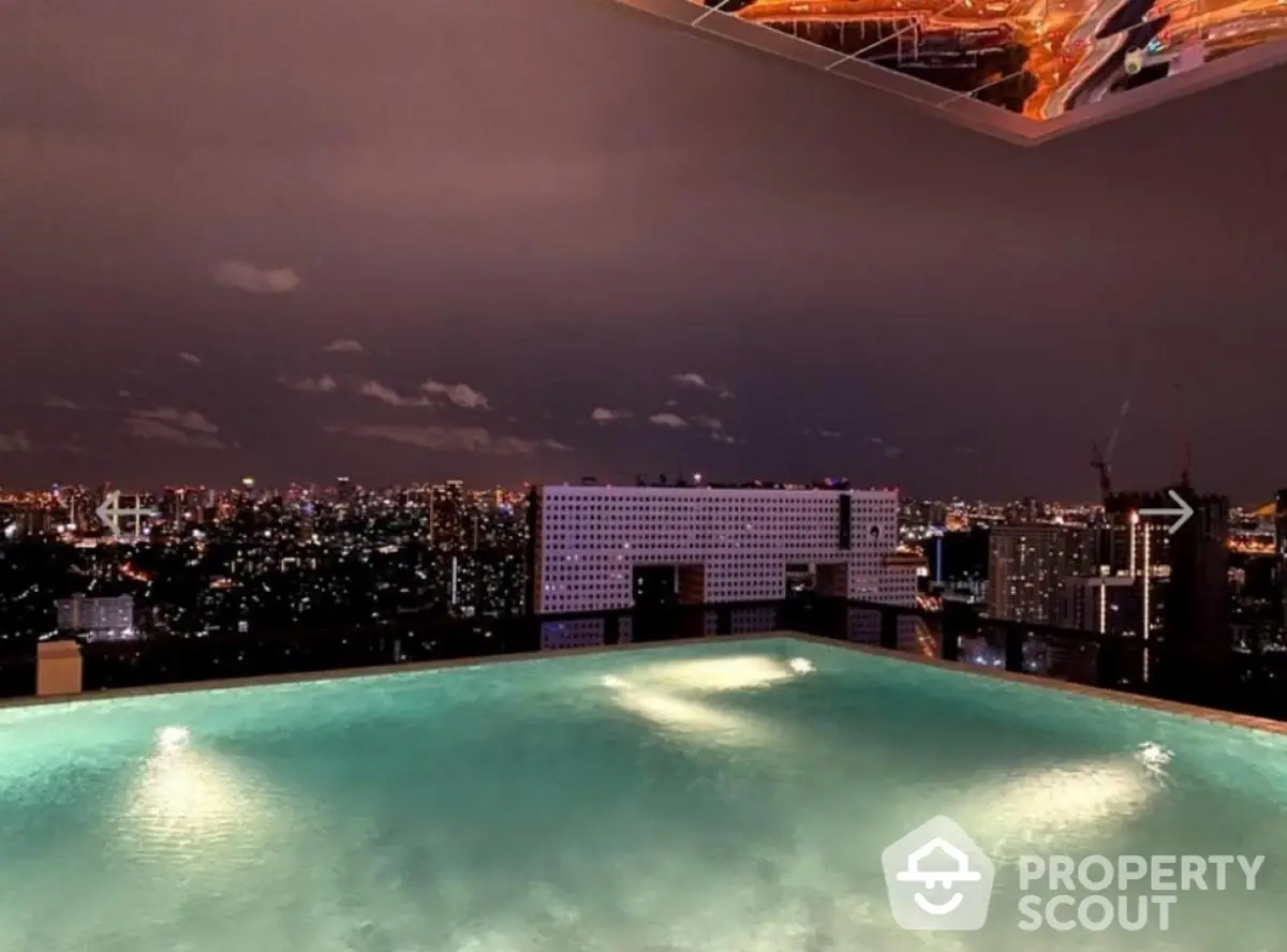 Stunning rooftop pool with breathtaking city skyline view at night.