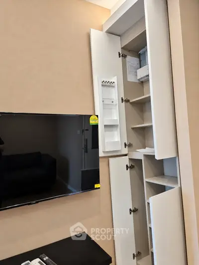 Modern living room with sleek built-in storage and wall-mounted TV