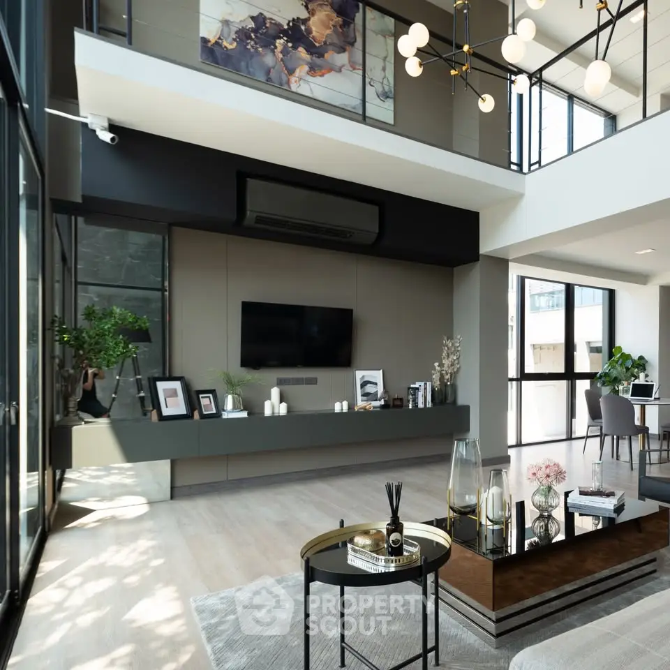 Luxurious modern living room with high ceilings and elegant decor