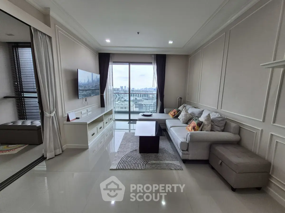 Spacious modern living room with city view and elegant decor