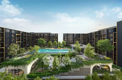 Luxurious modern apartment complex with rooftop pool and lush greenery.