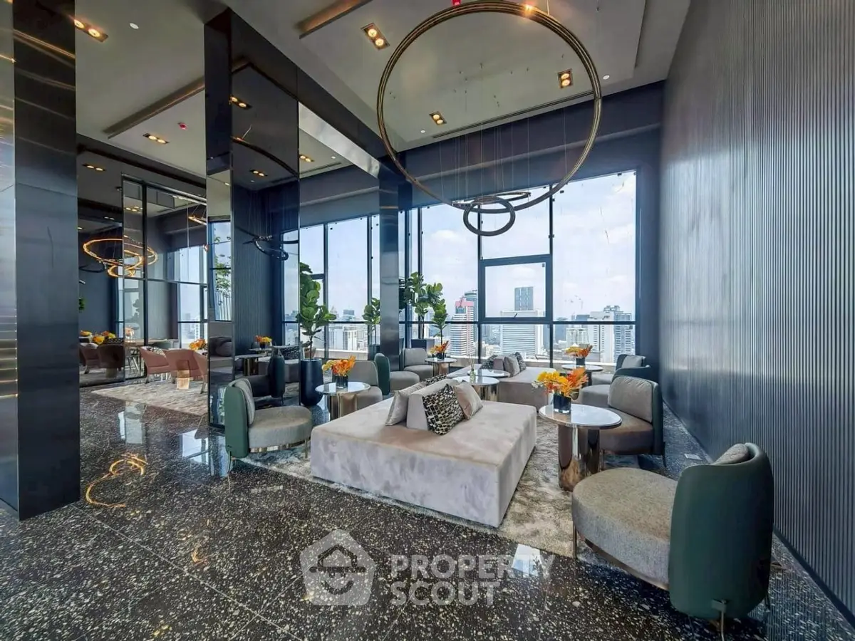 Luxurious modern living room with panoramic city views and elegant decor