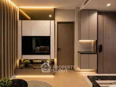 Luxurious modern living room with elegant lighting and stylish decor