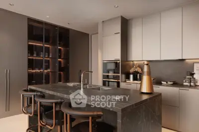 Luxurious modern kitchen with sleek cabinetry and marble island, perfect for gourmet cooking and entertaining.