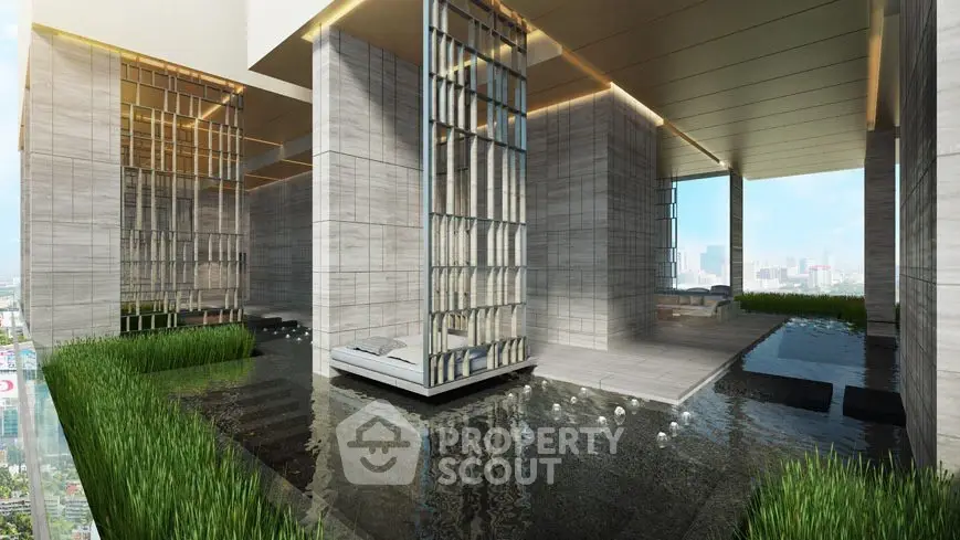 Luxurious rooftop with modern design and stunning city views, featuring water elements and greenery.