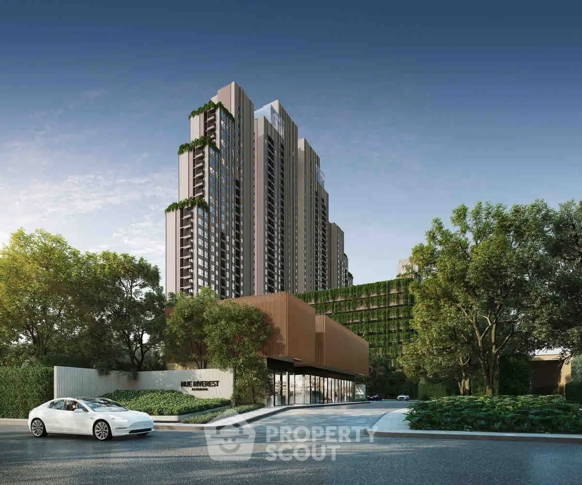 Modern high-rise residential building with lush greenery and sleek design in urban setting.