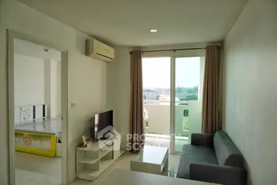 Modern living room with balcony view in a stylish apartment