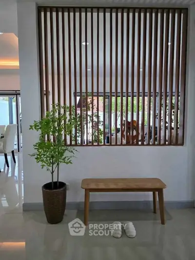 Modern interior with wooden bench, plant, and stylish partition in a bright living space.