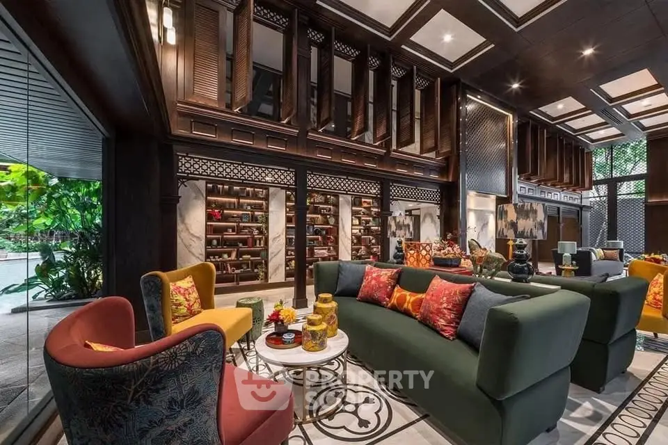 Luxurious living room with elegant decor and vibrant seating in a sophisticated setting.