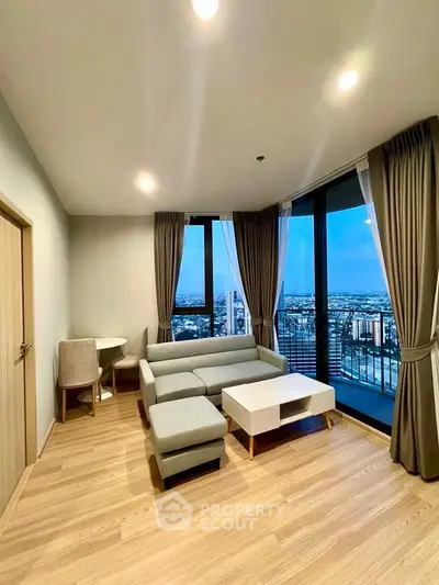 Modern living room with panoramic city view and stylish furniture