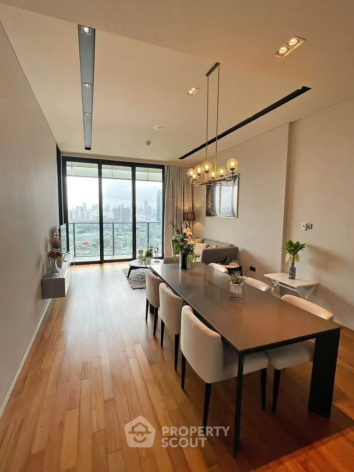 Luxurious dining area with stunning city view and elegant decor