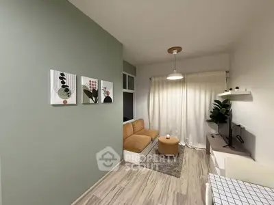 Modern living room with stylish decor and cozy seating area, perfect for relaxation.